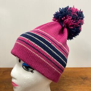 As Is Vintage Smiley 100% Wool Knit Pom Beanie Pink Blue Striped Cap Ski Hat USA